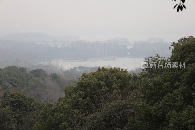 树林环绕的湖泊远景