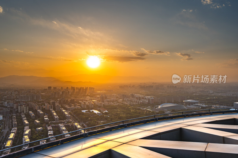 北京高空夕阳落日奥林匹克塔观景台