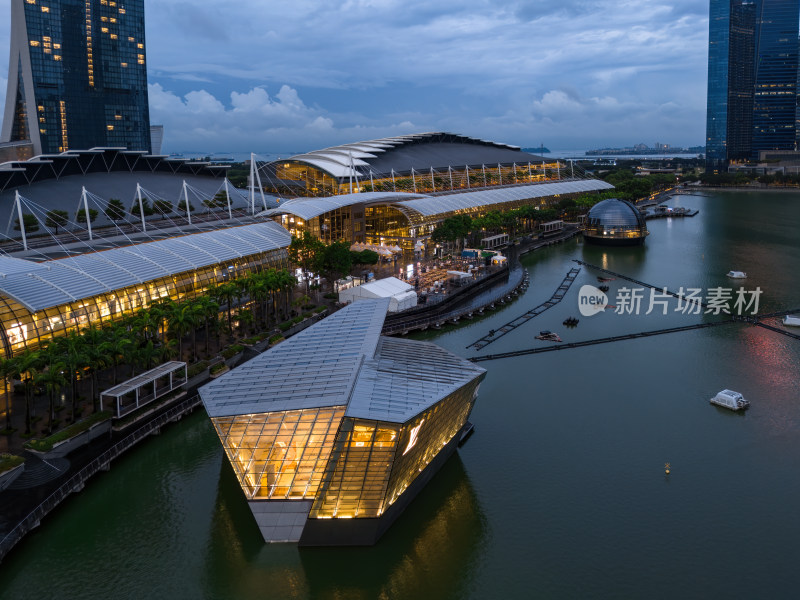 新加坡滨海湾金沙海滨奥林匹克蓝调夜景航拍