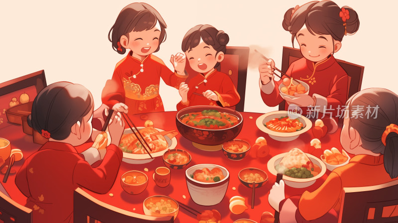 春节除夕阖家团圆年夜饭红色卡通