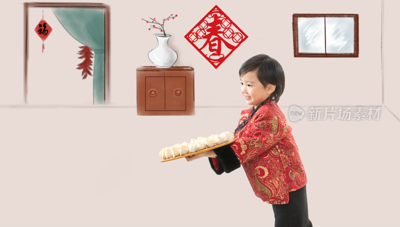 快乐男孩拿着饺子迎新年