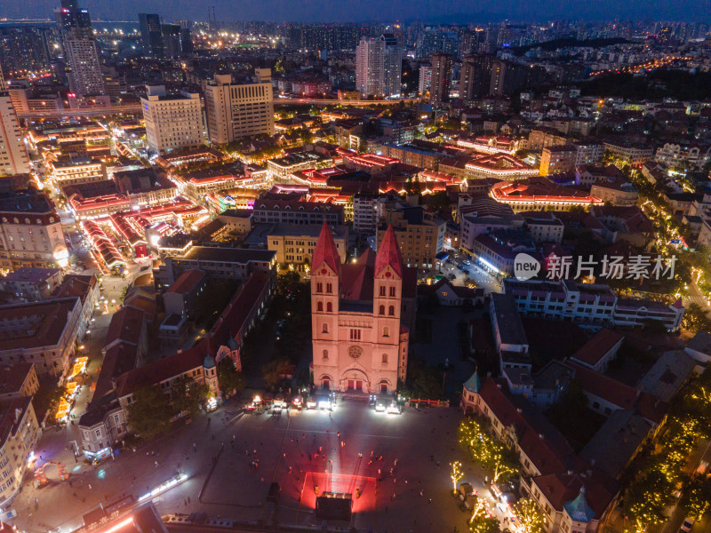 青岛大鲍岛历史文化街区城市夜景航拍全景