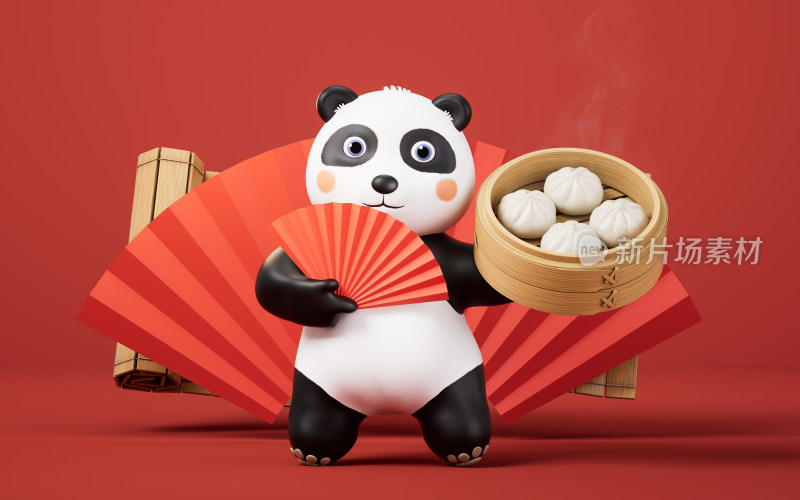 卡通熊猫拿着一笼包子3D渲染