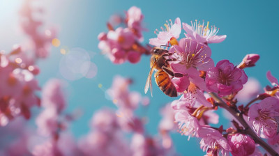 蜜蜂停在盛开的樱花上特写