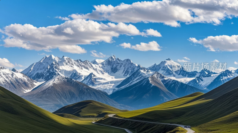 新疆雪山草原公路蓝天白云夏季旅游风光背景