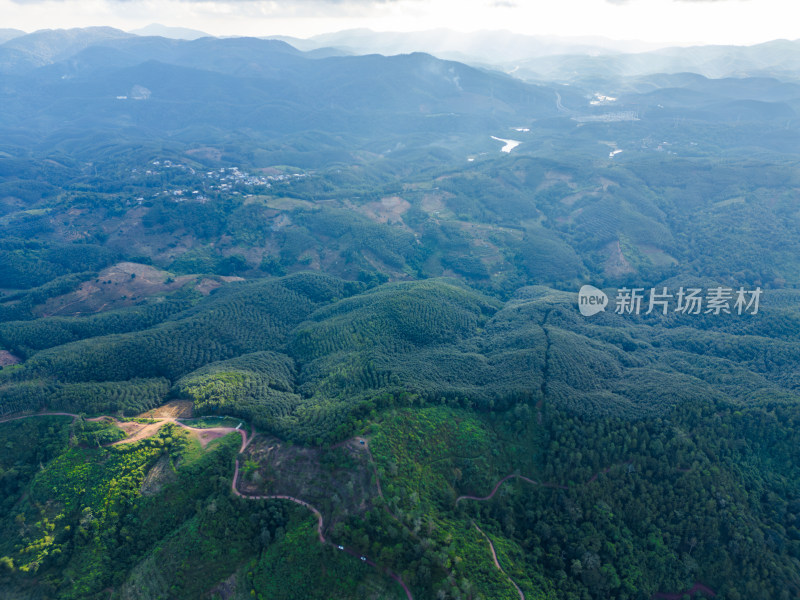 航拍视角下的大片绿色山林山脉全景