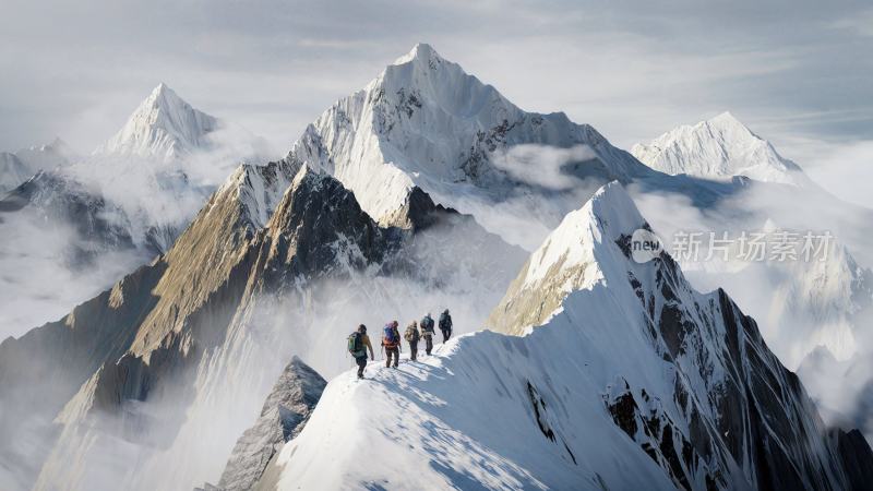 登山者攀登雪山高峰的壮观景象