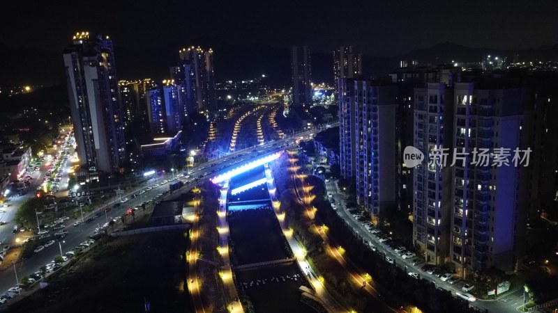 航拍广东省东莞市清溪镇夜景城市风光