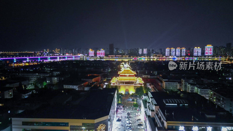 航拍湖北襄阳古城夜景襄阳北街