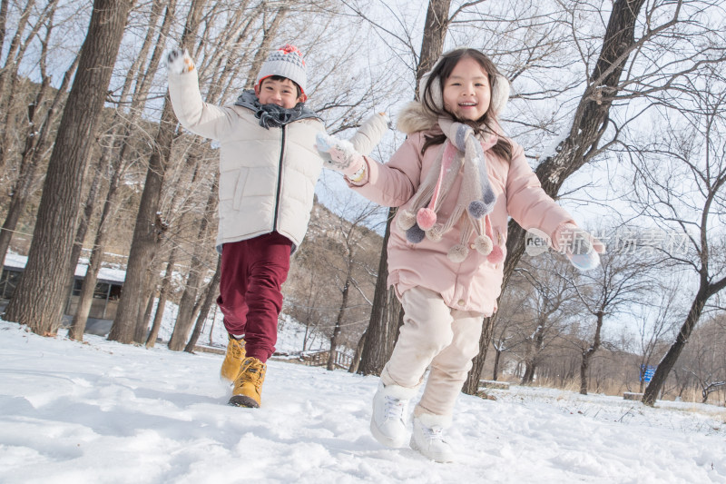 两个小朋友在雪地里玩耍