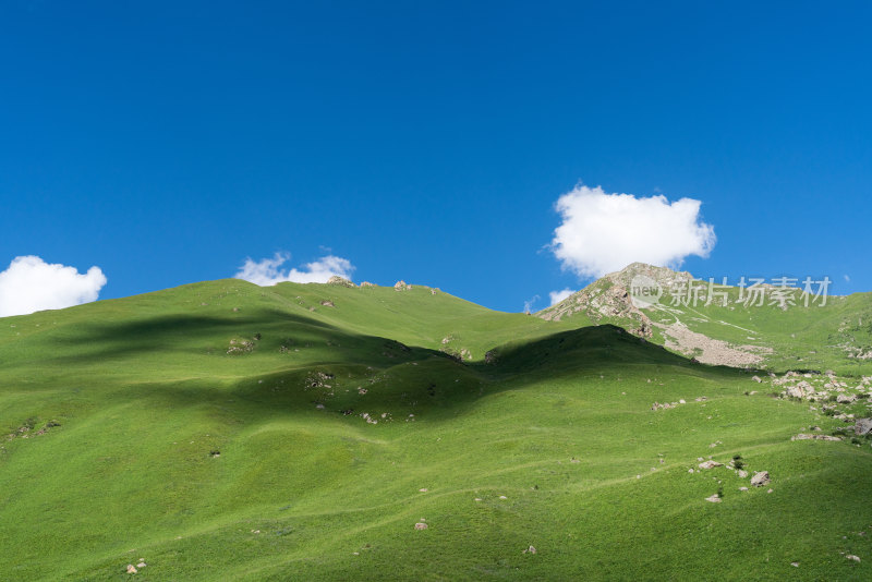 蓝天白云下的广阔绿色山坡全景