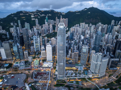 香港维多利亚港CBD中环夜景日出高空航拍