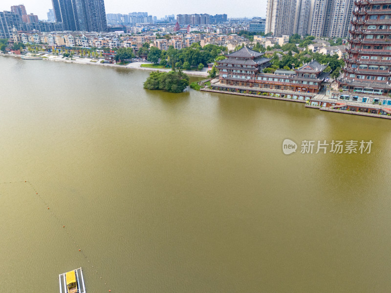 眉山远景楼河流周边风景航拍图