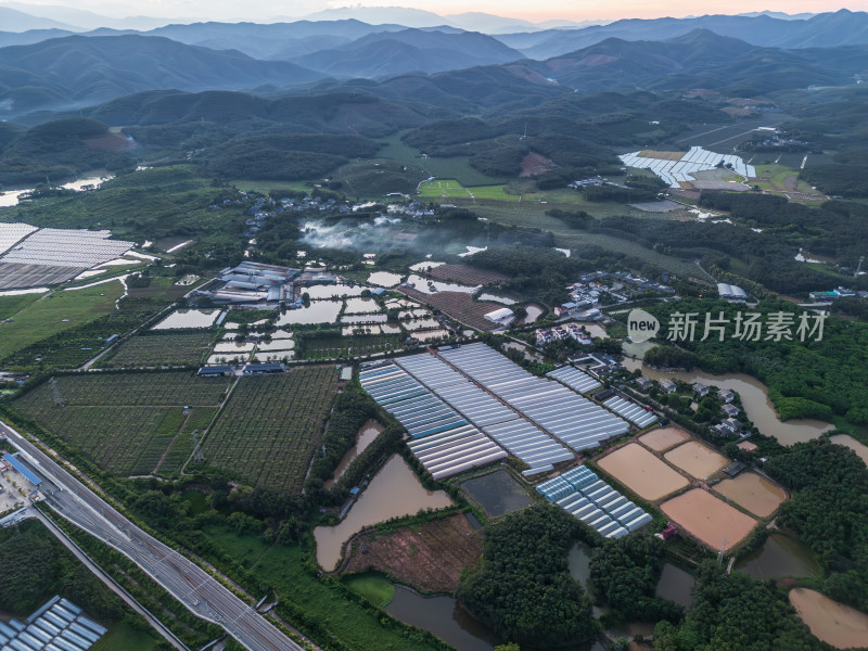 航拍农田与温室大棚交织的乡村风光