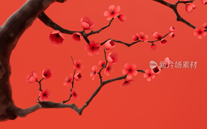 梅花与红色背景3D渲染