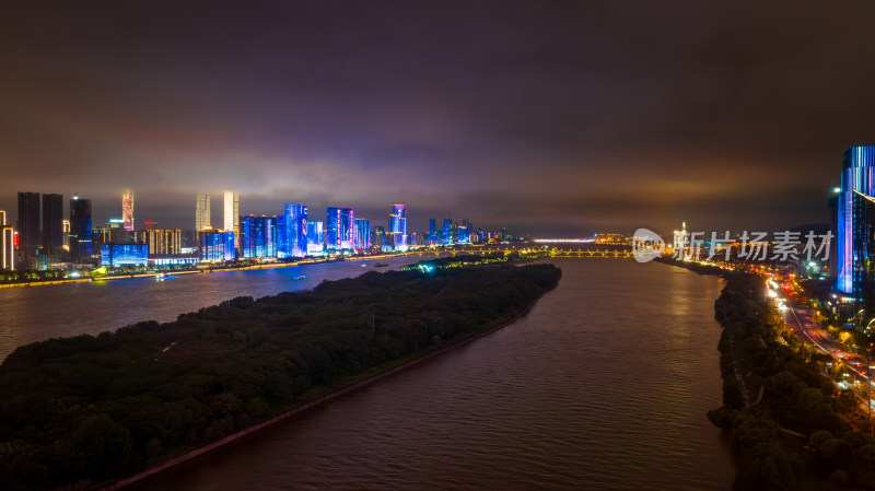 湖南长沙城市夜景航拍