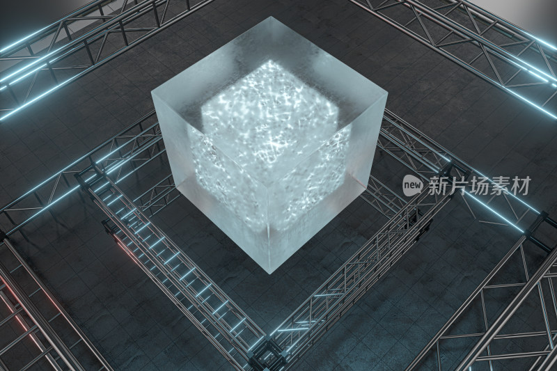 科幻方块与钢架结构背景 三维渲染