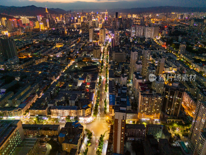 西宁城市夜幕降临夜景航拍图