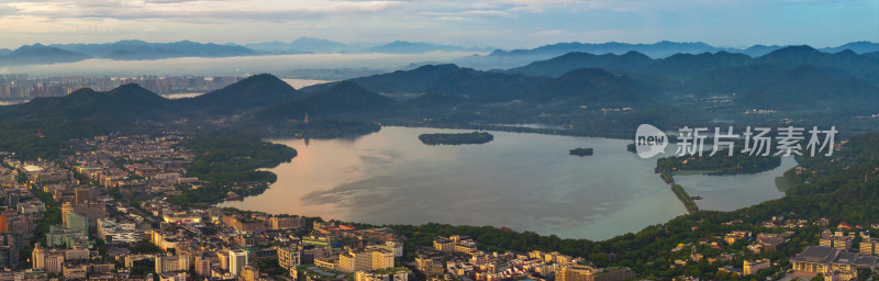 杭州城市与西湖同框全景风光航拍