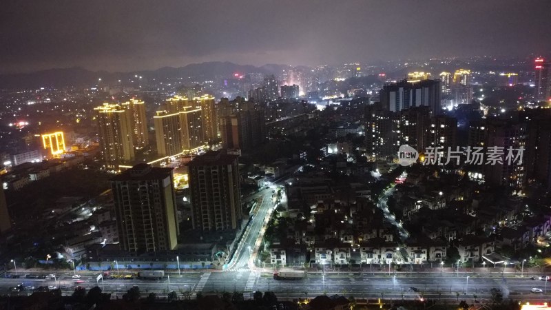 航拍广东省东莞市清溪镇夜景城市风光