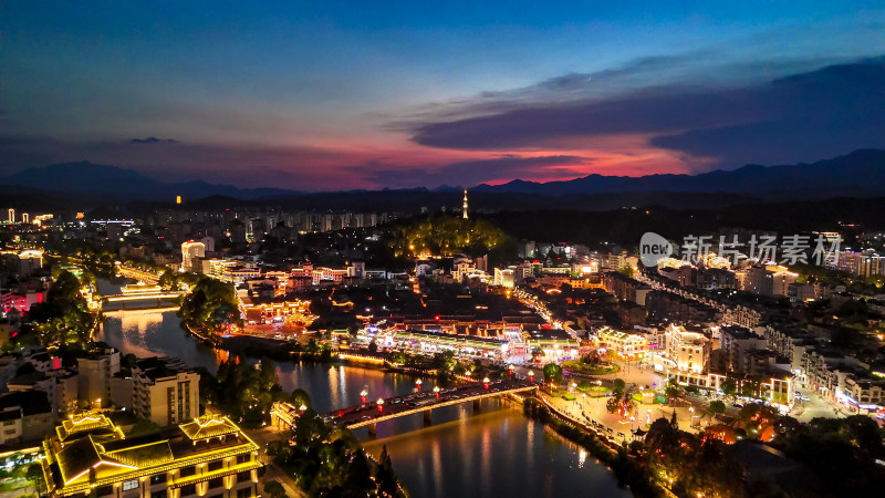 泰宁古城晚霞夜幕降临夜景航拍图