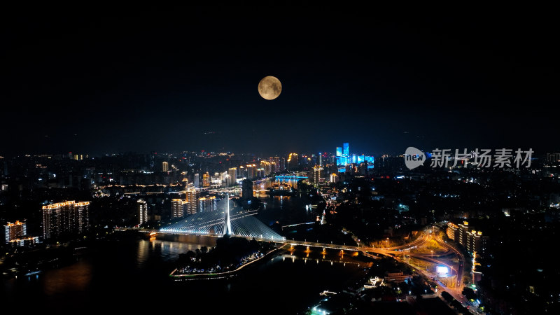 福州夜景照片航拍城市超级月亮福州中秋月亮