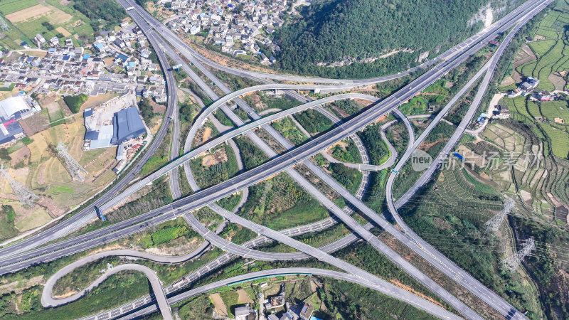 航拍贵州高速公路立体互通枢纽