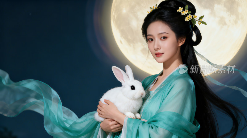 中秋节古装女子抱白兔于月圆