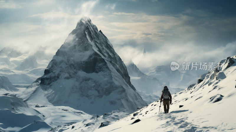 一位登山探险者在广阔雪域的孤独行走