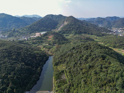 航拍青山乡村稻田风光