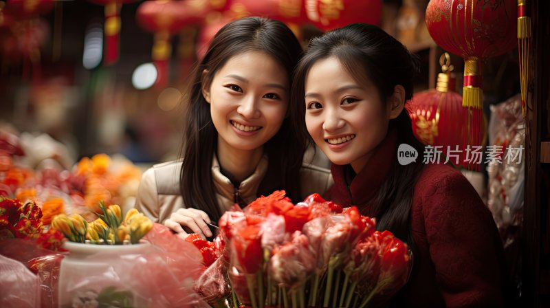 春节喜庆氛围下对着镜头微笑的亚洲女人