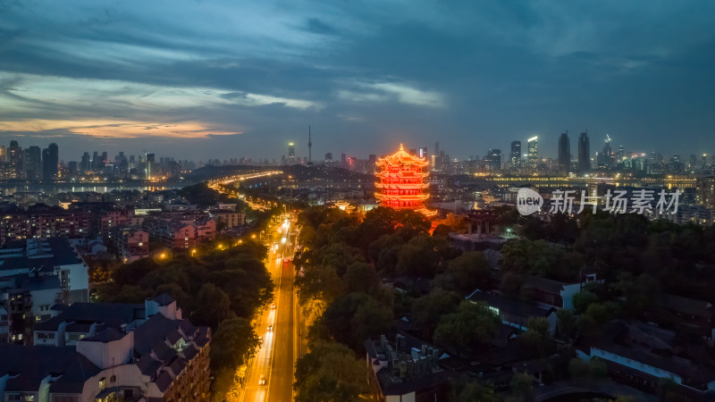 武汉黄鹤楼傍晚及夜晚航拍