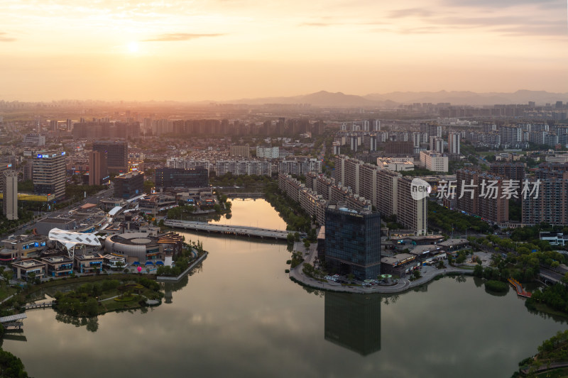 浙江宁波镇海庄市同心湖航拍景色