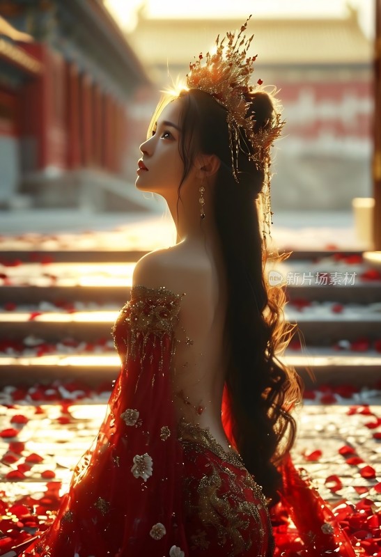 古建筑前着华丽服饰的女子