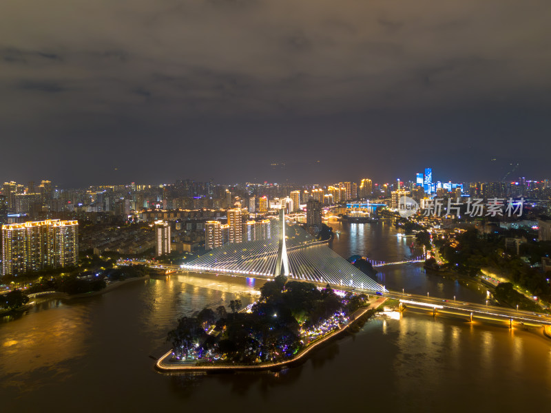 航拍福州城市夜景下与繁华立交桥及周边建筑