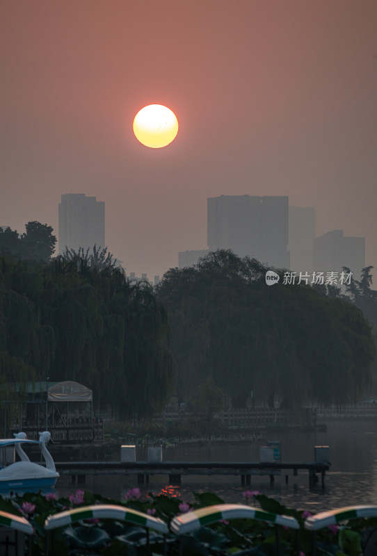 济南大明湖风景区雾色日出景点景观城市风光