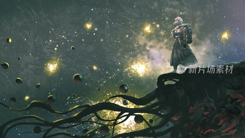 科幻风人物立于星空悬崖场景