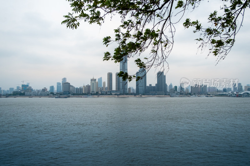 城市临水高楼林立的远景风光