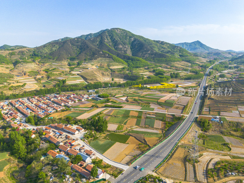 航拍山东省日照市五莲县美丽乡村鲁东南丘陵