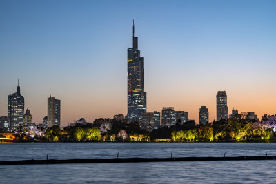 江苏南京CBD紫峰大厦建筑群日落夜景城市