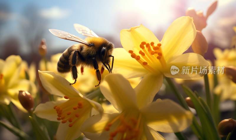 一只蜜蜂在春日温暖的阳光下忙碌采蜜的瞬间