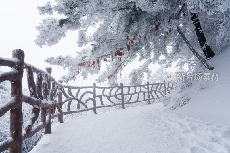 寒冷冬季景区雪后栈道