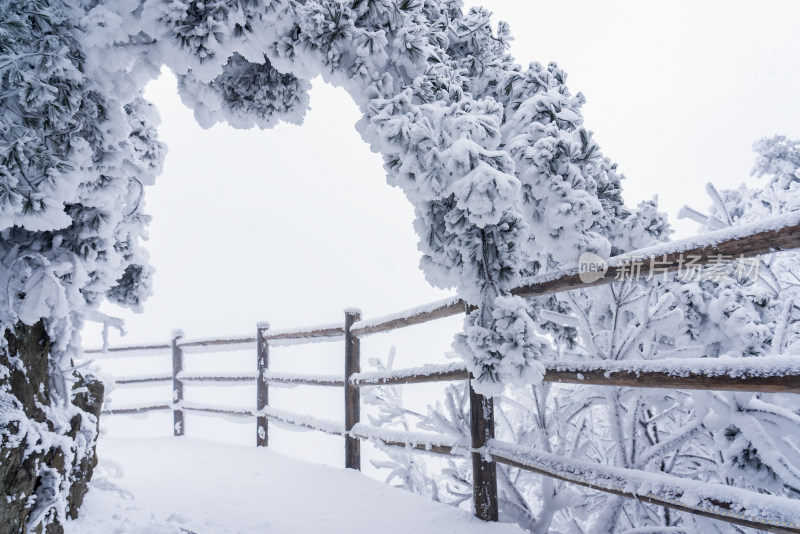 寒冷冬季景区雪后栈道