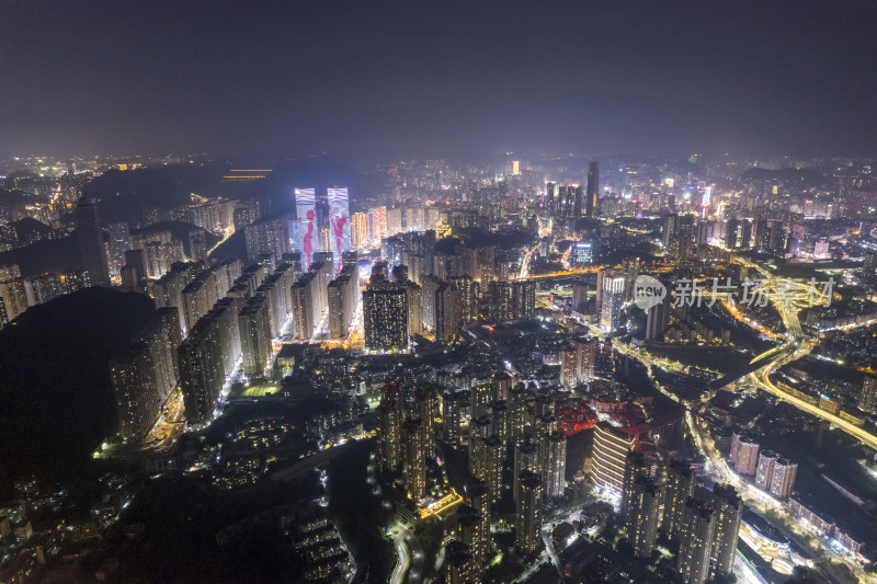 航拍贵阳老城区夜景