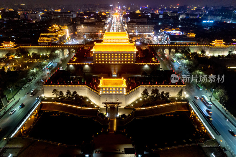 西安城墙永宁门夜景灯光航拍摄影图