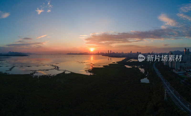 航拍广东深圳湾日落风光 深圳红树林夕阳