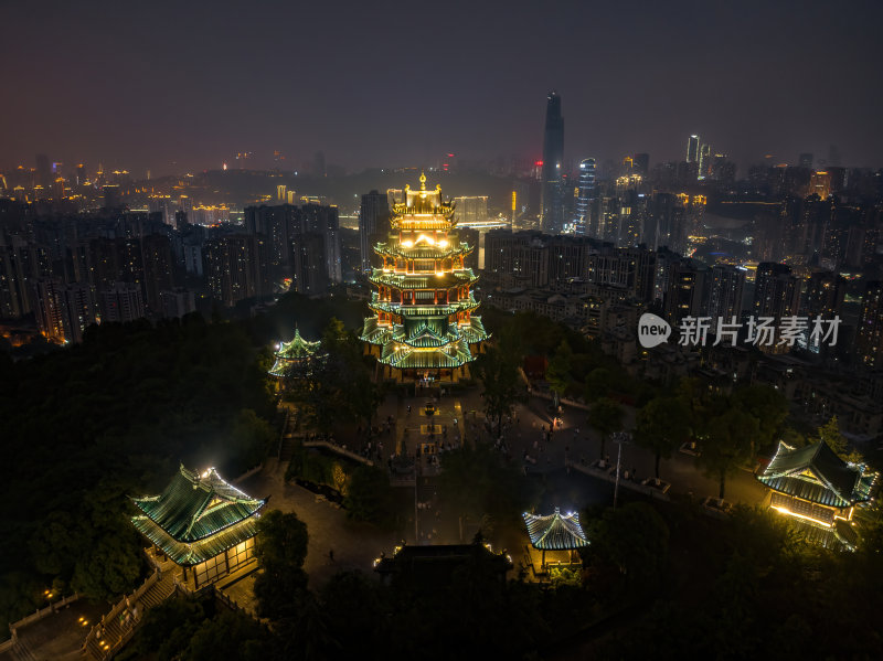 重庆网红寺庙鸿恩寺夜景古塔高空航拍