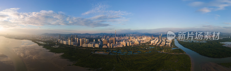 傍晚航拍广东深圳福田红树林180度全景图