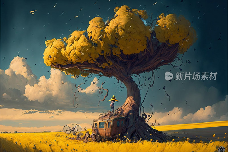 田野中大树下戴帽人物奇幻场景