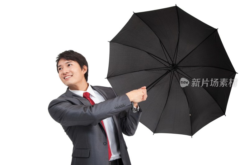 棚拍商务装年轻男人撑雨伞